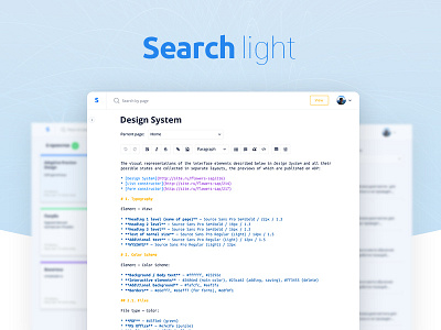 Searchlight - Wiki for your projects app blue content dashboard design light markdown page profile project searchlight system web white wiki