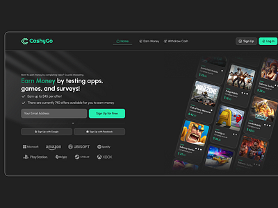 CashyGo app app design cash cashygo dark theme dark theme website dark website design earn money free cash freecash save money ui user experience ux website