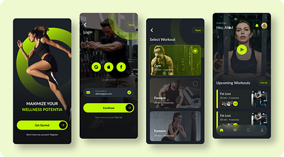 "Fitness App UI Design: Elevate Your Wellness Journey" appinterface cleandesign creativedesign darkmodeui dashboarddesign designinspiration fitnessapp fitnessui healthandwellness mobileappdesign mobileinterface modernui neonaccents onboardingscreen uitrends uiuxdesign userexperience uxdesign workoutapp workouttracker