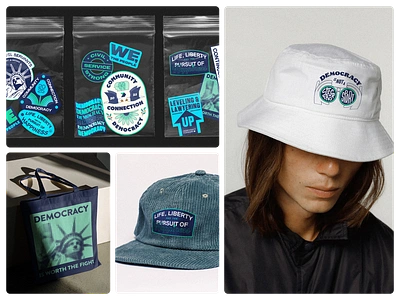 Merch Designs – Democracy Forward apparel design badges bag bucket hat dad cap democracy freedom graphic design hat icons layout merch merchandise print sticker set stickers totebag type typography unity