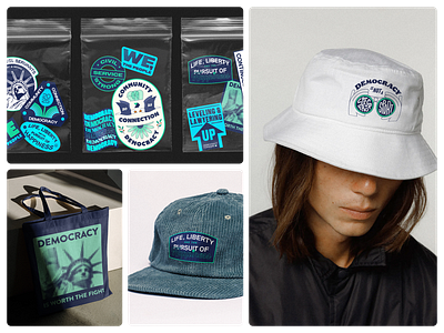 Merch Designs – Democracy Forward apparel design badges bag bucket hat dad cap democracy freedom graphic design hat icons layout merch merchandise print sticker set stickers totebag type typography unity