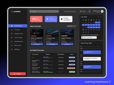 LMS Dashboard | Dark Theme analytics tool app branding dark theme dashboard design learning app lms logo progress responsive design study time management ui uiux ux web web app web design website