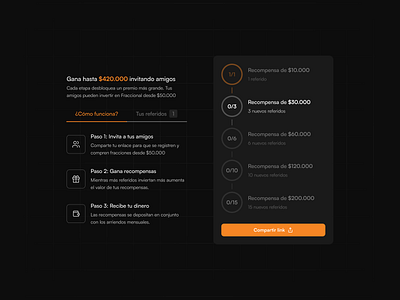 Referrals - Fraccional card dark dark mode design fintech inversiones inversión inmobiliaria investments product product design propiedades real state referrals steps track ui ux