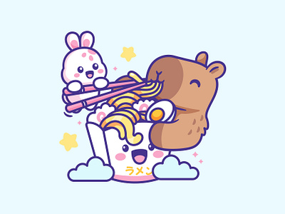 Capybara Ramen animal bunny capybara cartoon character cute eat happy illustration jaysx1 mascot noodle ramen vector