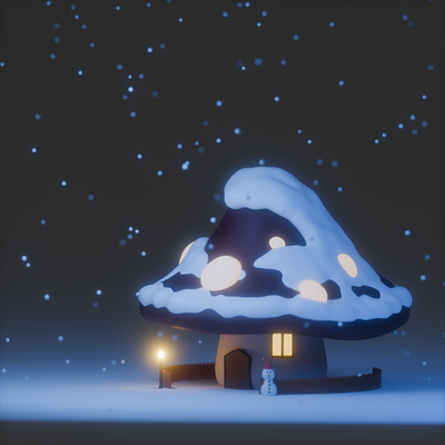 A cozy mushroom in a winter wonderland 3d animation graphic design