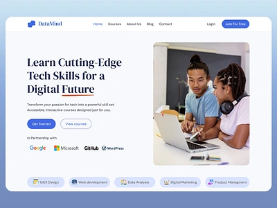 Modern Landing Page Design for DataMind Online Tech Courses career growth clean design corporate branding course directory digital education digital learning digital skills e learning educational website intuitive navigation modern interface online education platform online learning platform professional development responsive layout tech courses tech training user centered design user friendly ui web ui