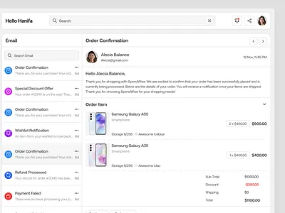 SpendWise - Dashboard E-Commerce Email Page clean dashboard design detail ecommerce email email design email marketing list marketing newsletters order detail saas sales ui uiux ux