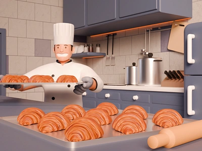 Croissant Chef - 3D 3d 3d art 3d chef 3d modelling animation blender chef croissant graphic kitchen kitchen 3d