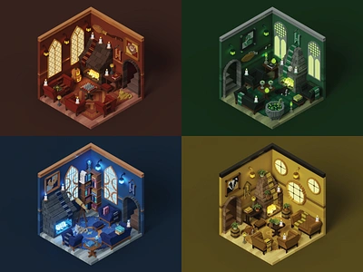 Harry Potter | Hogwarts Common Rooms 3d art common room gryffindor harry potter hogwarts hufflepuff isometric magicavoxel ravenclaw slyhterin voxel voxel room