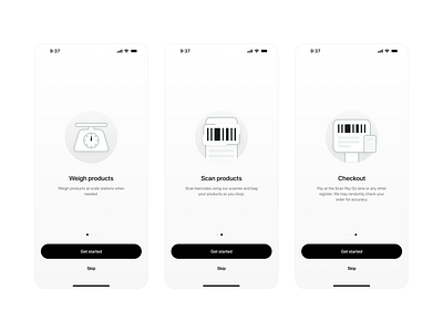 Mobile App Onboarding button call to action carousel create account dark flow illustration ios iphone minimalistic mobile app modern monochromatic onboarding scan sign up slider tutorial ui design ux design