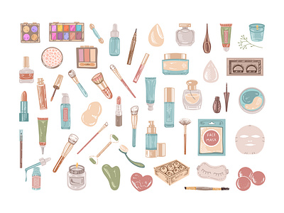 A set of flat style sketches of cosmetics, beauty, self-care foam