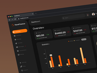 Poster: Investment and Earnings Management Interface analytics bar chart business app dark mode dashboard data visualization earnings tracking finance app finance management financial dashboard financial overview income tracking investments modern design portfolio management statistics ui design user interface visual analytics web design