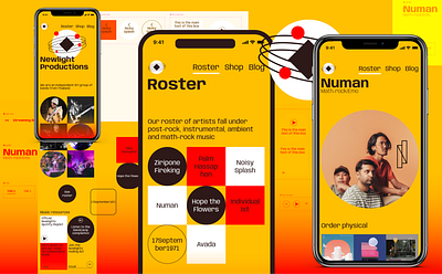 Indie Music Label web app artist website graphic design independent music music label newlights productions profile page shapes yellow