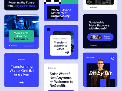 Regenbit - Electronic waste Startup | Social Media animation bento grid blue branding branding guideline design design branding electronic graphic design illustration logo logogram metal social media startup technology ui visual identity waste