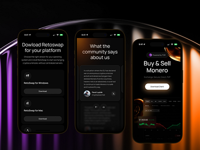 Retoswap | Crypto monero exchanger | Mobile adaptation bitcoin crypto crypto swap dapp ethereum exchanger glassmorphism landing page mobile monero swap ui ux xmr