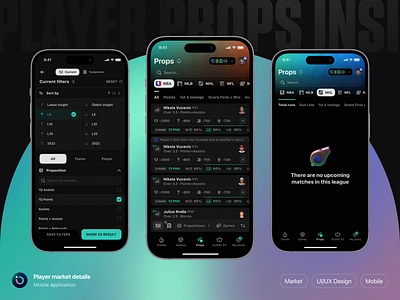 Outlier iOS: Player props app app design betting clean dark design filter interface ios mobile mobile app outlier phone player product design sport sports ui user interface ux