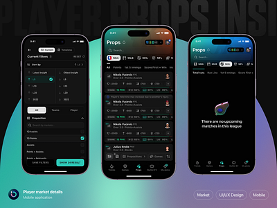 Outlier iOS: Player props app app design betting clean dark design filter interface ios mobile mobile app outlier phone player product design sport sports ui user interface ux