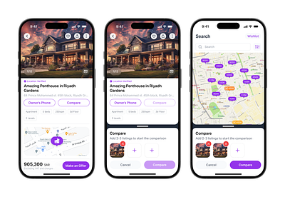 Compare Listings airbnb app compare home house listings location map mobile real estate sections ui