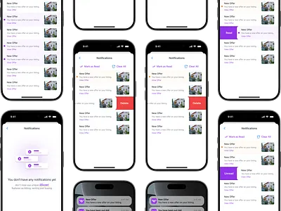 Real-Time Notifications 🔔 airbnb delete design empty home house iphonew listings map mobile modal notifications real estate swipe ui unread ux