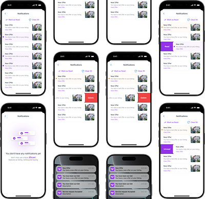 Real-Time Notifications 🔔 airbnb delete design empty home house iphonew listings map mobile modal notifications real estate swipe ui unread ux