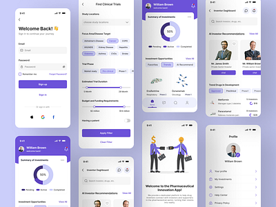 Pharmaceutical Innovation App app cart chart clinic filter form health innovation inventor investor login medic medicine menu profile purple ui user ux welcome page