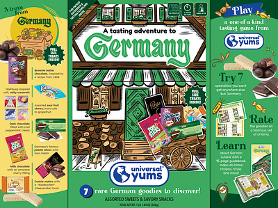 Germany Snack Box Packaging adventure box food food packaging german german house germany house illustration lettering packaging packaging design product product packaging snack snacks storefront type typography universal yums