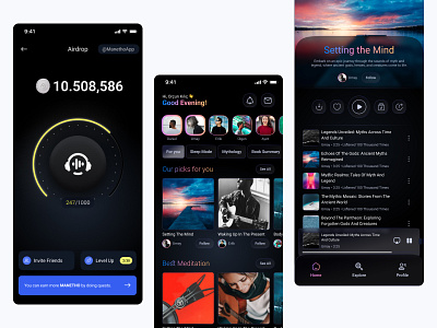 Story, Podcast and Meditation app design music nft podcast ui ux web3