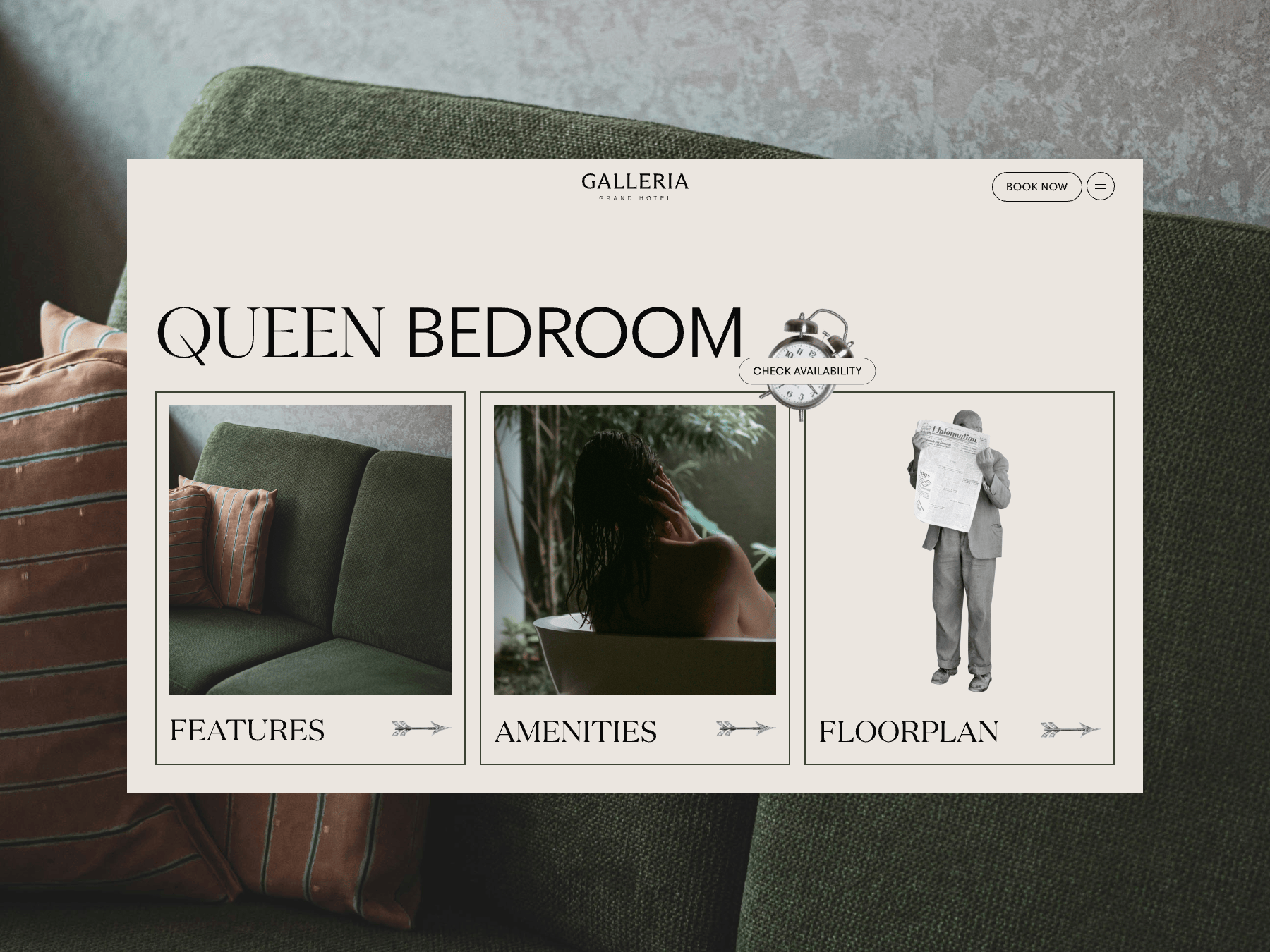 Hotel Rooms Detail Webpage - Elegant and Sophisticated Layout alarm clock animation clean collage color palette concept curated figma green hospitality hotel hotel room muted newspaper retro ui ux web website