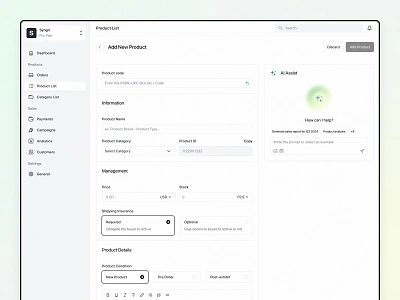 Sales Manager with AI - Add New Product add product ai chatbot ai saas app artificial intelligence chat ai dashboard design ecommerce llm new product order product design saas saas dashboard saas llm syngri ui ux webapp