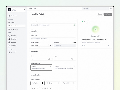 Sales Manager with AI - Add New Product add product ai chatbot ai saas app artificial intelligence chat ai dashboard design ecommerce llm new product order product design saas saas dashboard saas llm syngri ui ux webapp