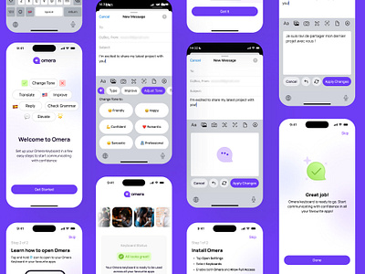 Omera AI Keyboard design & app ai app branding chat chatgpt confident design intelligence intro ios iphone keyboard logo message mobile app product purple smart ui writting