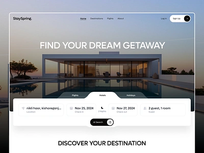 StaySpring - AI-Powered Travel Booking Platform ai airbnb app book booking homepage hotel hotel app landing page online booking rent ticket tourism agency travel trip ui ux website