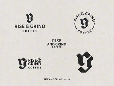 Coffee Logo Lockups (Rise & Grind) badge blackletter branding calligraphy coffee coffee logo coffee shop fraktur lettering lettermark lockup logo lockups monogram retro rg logo rg monogram traditional type design typography vintage