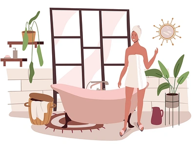 Girl In The Bathroom 2D Animation 2d animation bath tub bathroom bathroom interior bathroom procedure beauty routine evening routine flat girl home decor illustration motion plants relaxing self care soft color palette spa taking a shower woman