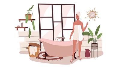 Girl In The Bathroom 2D Animation 2d animation bath tub bathroom bathroom interior bathroom procedure beauty routine evening routine flat girl home decor illustration motion plants relaxing self care soft color palette spa taking a shower woman