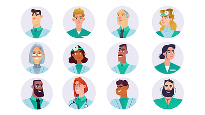 Doctors 2d Icons Avatars Animation 2d animation avatars characters doctors flat hospital hospital team icons icons set illustration man medical professionals medical staff medicine motion profile staff team woman