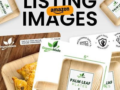 Amazon Listing Infographic Images | Palm Leaf Plate 3d mockup banner branding compostable plates dinner plates ecommerce infographic leaf plates listing images product images