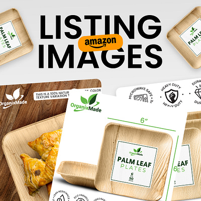 Amazon Listing Infographic Images | Palm Leaf Plate 3d mockup banner branding compostable plates dinner plates ecommerce infographic leaf plates listing images product images