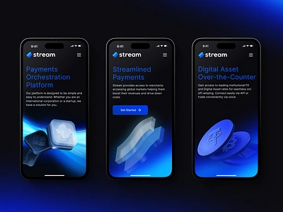 Mobile version website for a fintech company | Stream 3d 3d illustration coin design finance fintech fintech interface fintech platform hero illustration interface mobile mobile interface payments product product design startup ui ux uxui