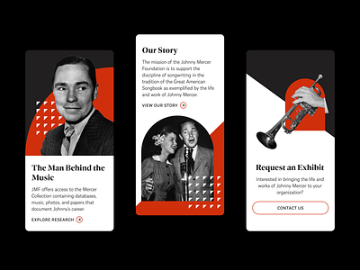 Johnny Mercer Foundation Mobile Screens collage cropped cta geometric image jazz mobile music non profit old school photography red retro web design