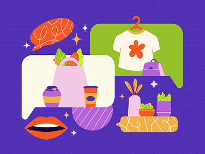 Conversation Topics chat concept conversation cooking drawing flat greenery groceries illo illustration mouth plants shirt shopping speech still still life talking vector website design