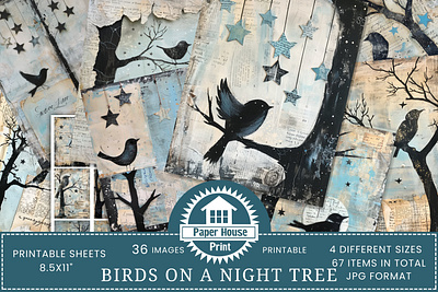 Birds on a Night Tree Junk Journal Paper 3d animation branding graphic design motion graphics