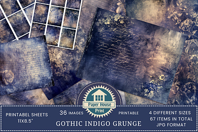 Indigo Scripts & Gothic Junk Journal Papers, digital papers 3d animation branding graphic design logo motion graphics ui