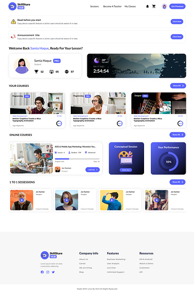 SkillShare Hub - Redefining Online Learning (Dashboard Page) courseplatform creativeui dashboard dribbbleshowcase elearningplatform moderndesign uiuxdesign webdesign