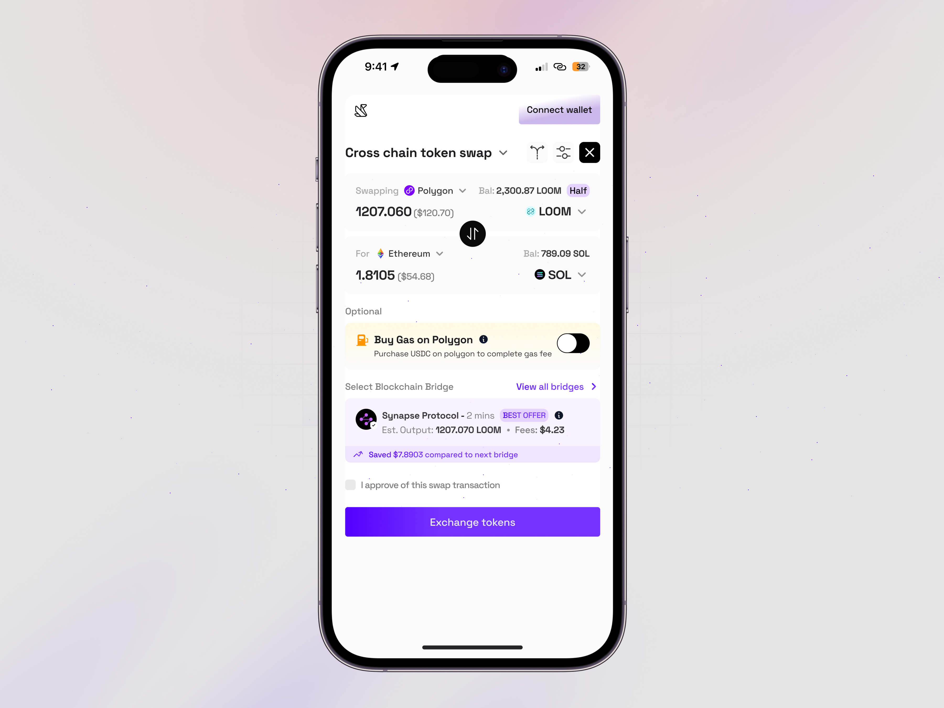 Swap token interface for a decentralized cross-chain exchange. blockchain chain crypto design gasfee tokens ui ux web3