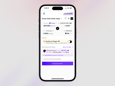 Swap token interface for a decentralized cross-chain exchange. blockchain chain crypto design gasfee tokens ui ux web3