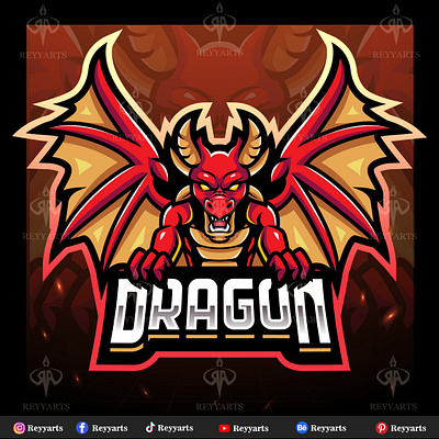 Red dragon mascot esport logo design animal art artwork badge brand character design dragon esport fantasy illustration logo mascot myth mythology predator red reptile vector