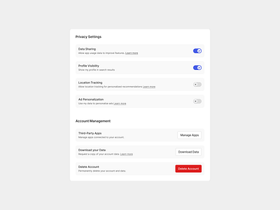 Privacy settings data delete account download data figma light mode location modal policy privacy privacy settings product design sharing switch terms third party toggle tracking ui ux visibility