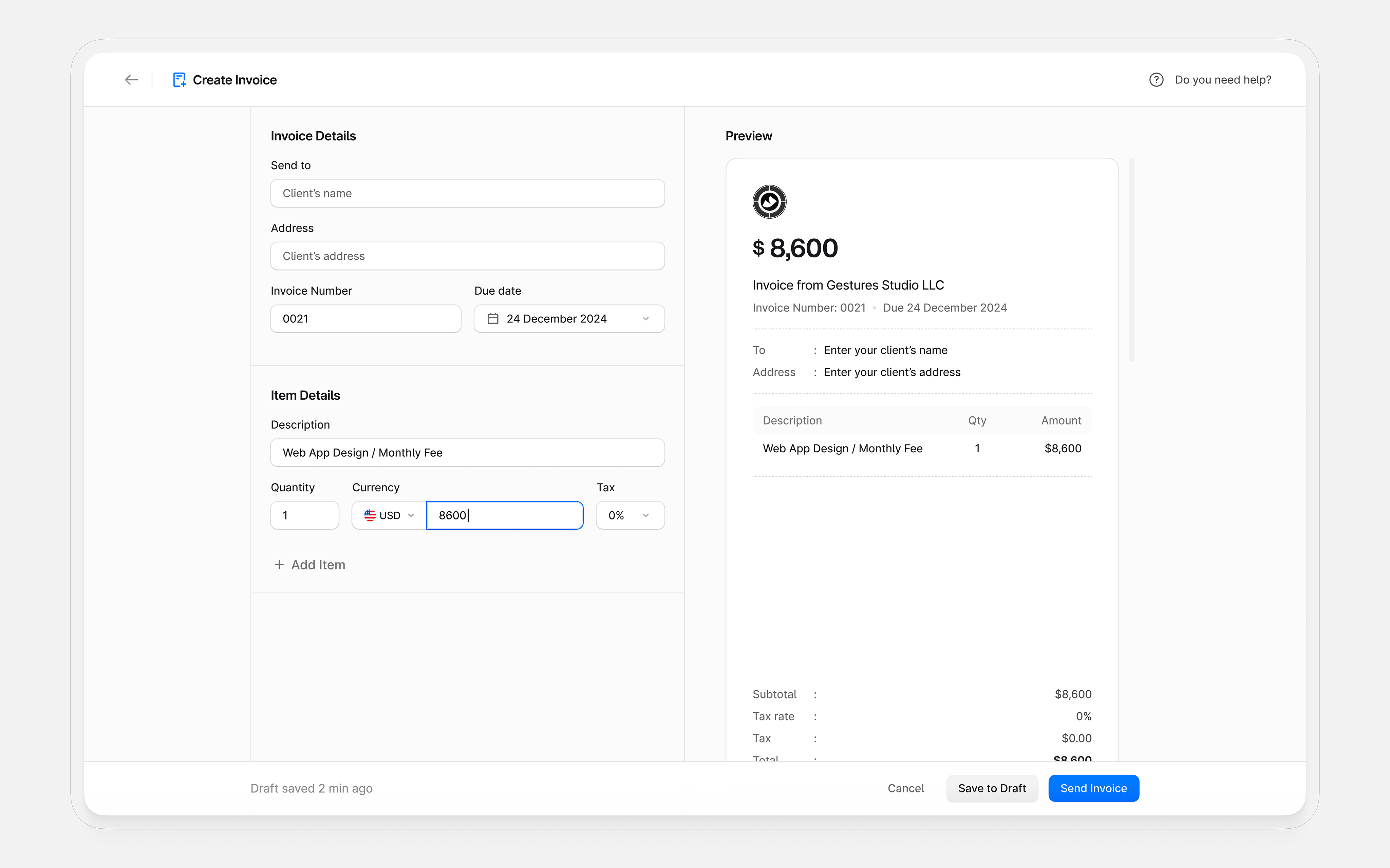 create invoice accounting banking create invoice dashboard dashboard ui fintech invoice invoicing money product design saas ui