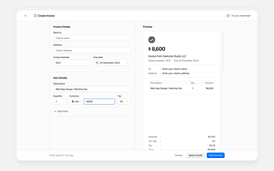 create invoice accounting banking create invoice dashboard dashboard ui fintech invoice invoicing money product design saas ui